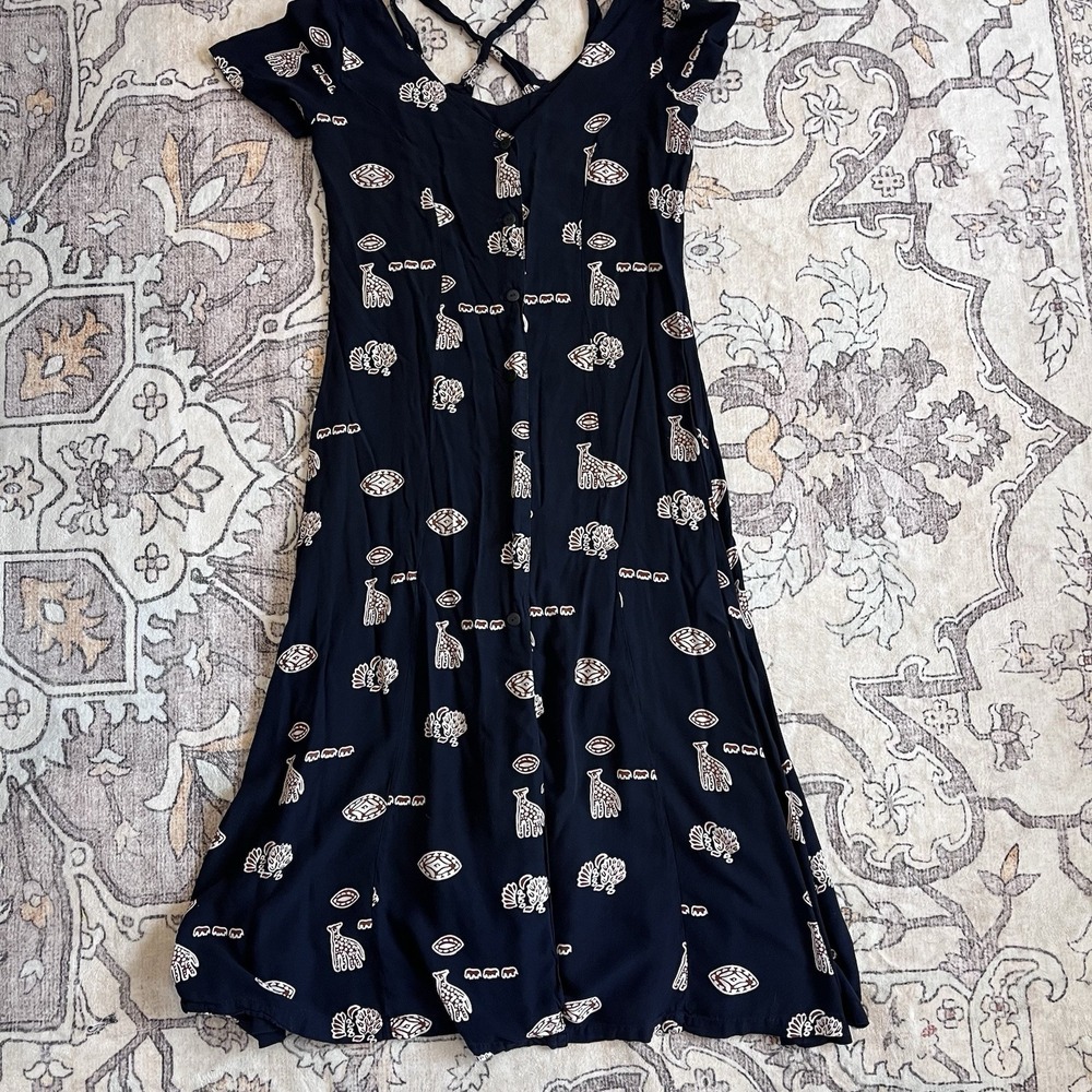 Vintage Java Wraps Dress Size M 90s Midi Button Down Rayon Navy Animal Print